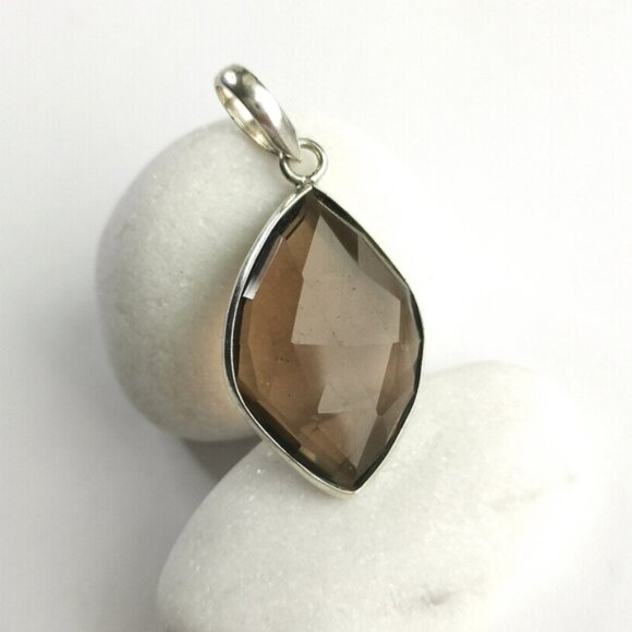Sterling silver Navette Smokey Topaz Smoky Quartz pendant NEW - Picture 4 of 7